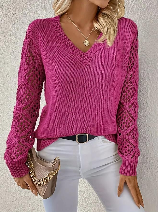 Damen Pullover Elegant Feste Farbe Gehäkelt V Ausschnitt Strick Langarm Normale Oberteile Stricken Täglich Blau Fuchsie Frühling Herbst 2025 - $31.99 –P14