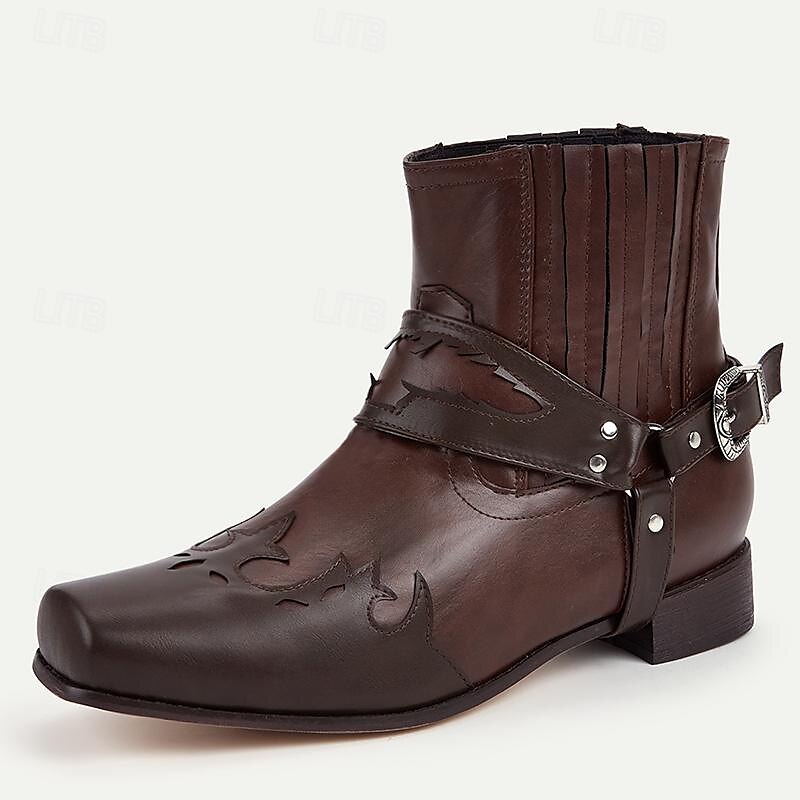 miesten ruskeat länsimaiset cowboy-saappaat - tyylikkäät nahkaiset kohokuvioidut nilkkurit vapaa-aikaan ja ulkoiluun 2025 - $59.99 –P2