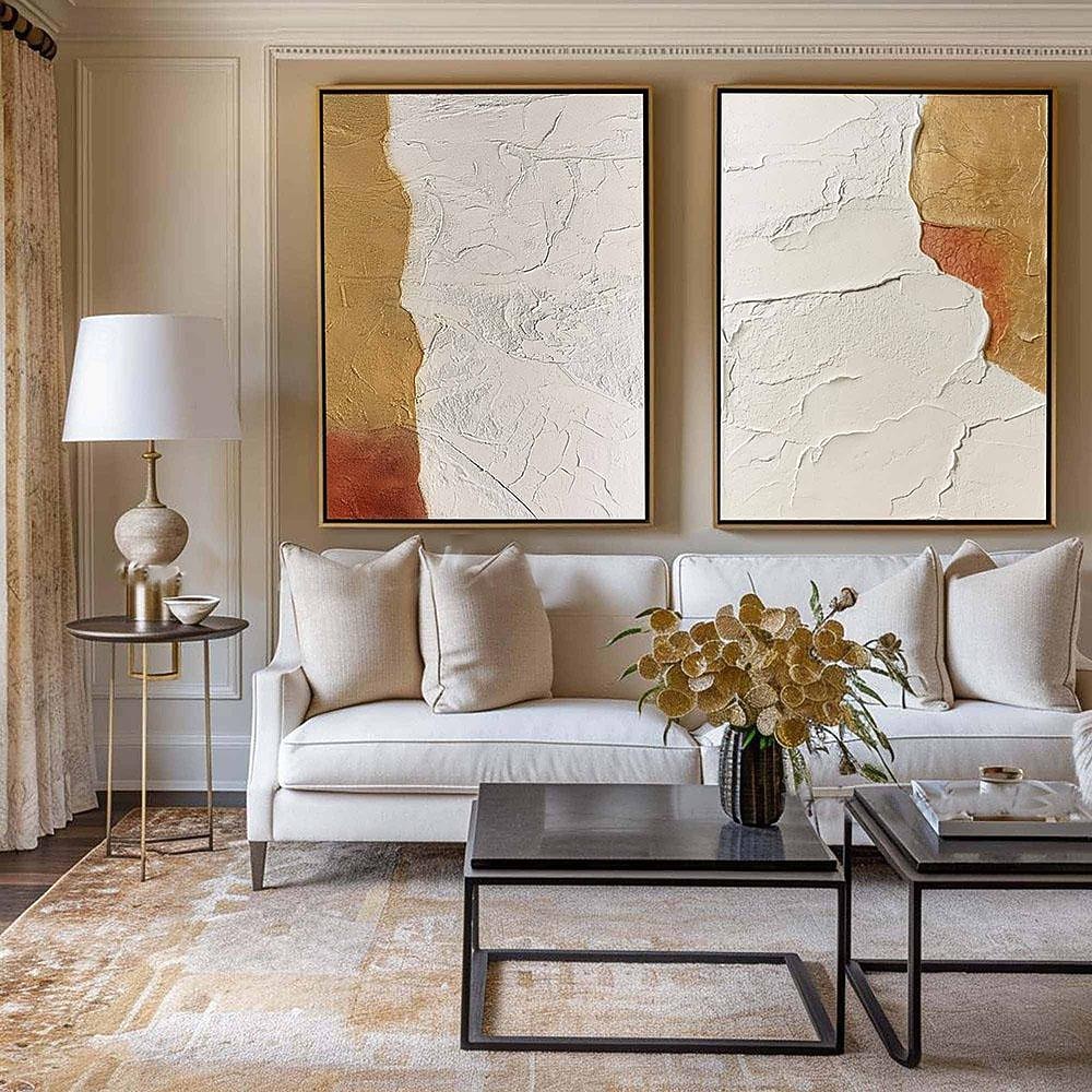 peinture à l'huile à texture dorée art mural fait à la main une paire de peintures minimalistes dorées et blanches sur toile grande peinture à texture dorée art mural minimaliste blanc de 2025 ? $108.99 –P2