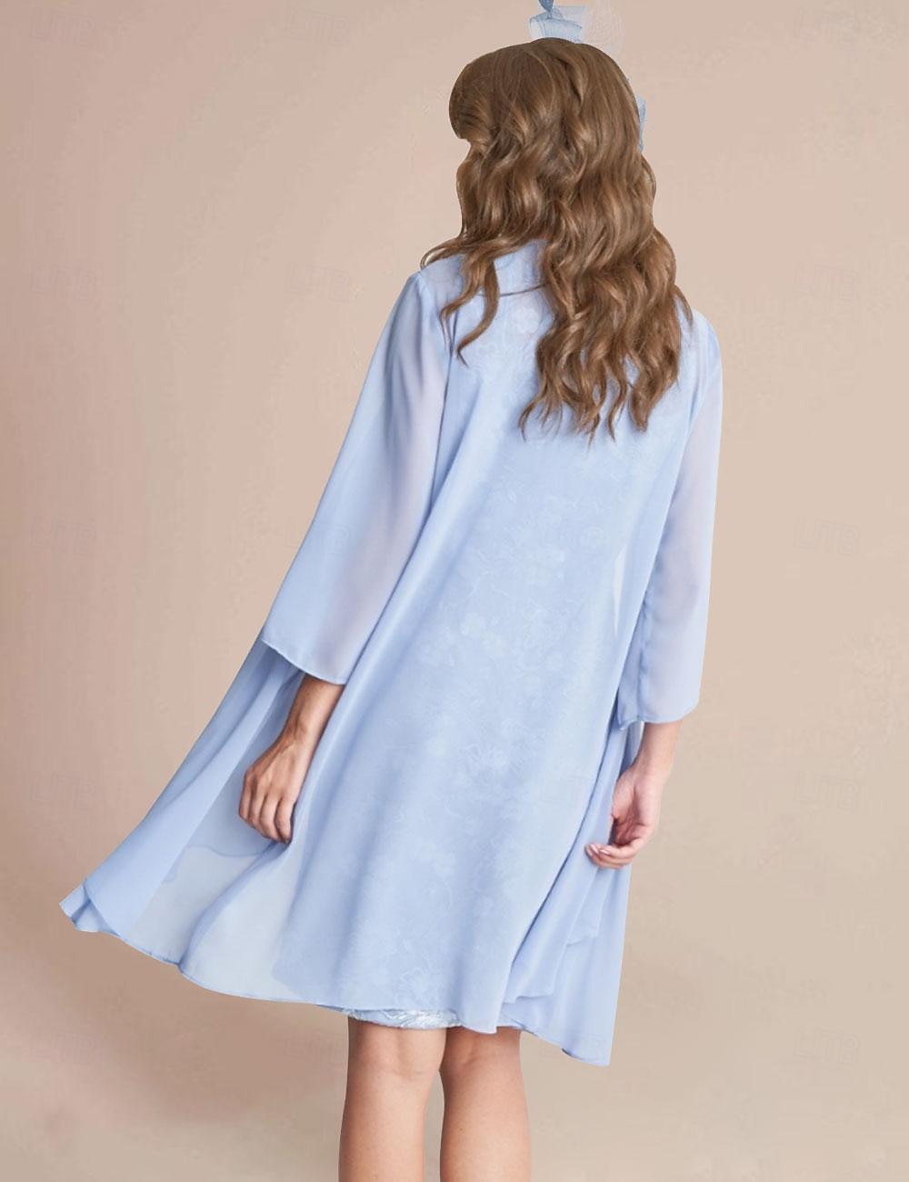 Two Piece Sheath Mother of the Bride Dress Elegant Jewel Neck Knee Length Lace Stretch Chiffon 3/4 Length Sleeve Wrap Included Jacket Dresses with Lace free custom size 2025 - $157.99 –P2