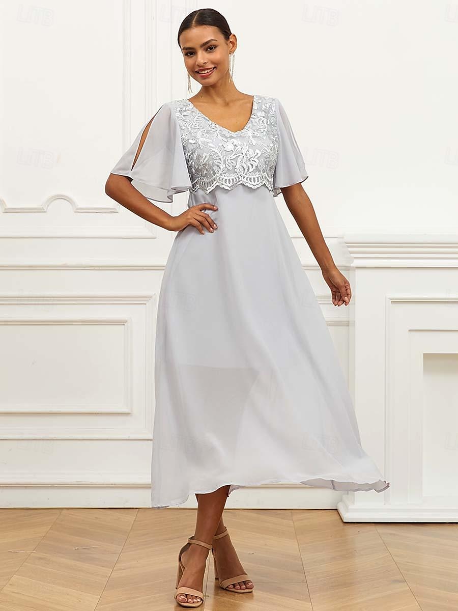 Per donna Abito linea A Poliestere Pizzo Con balze A V Manica a balza Manica corta Vestito maxi Invitati del matrimonio Cocktail party Elegante Da cerimonia Grigio Estate del 2025 a $49.99 –P6