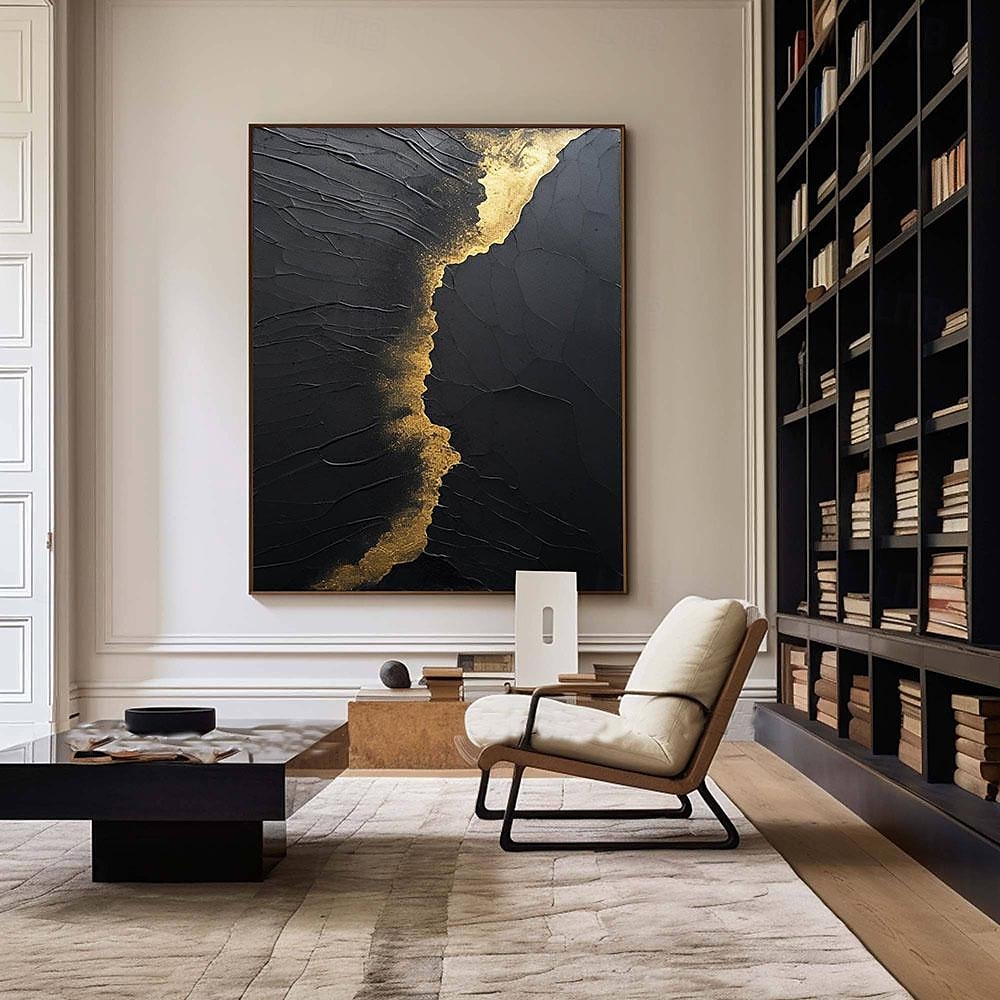 Wabi Sai Art, handgefertigtes schwarzes Wandkunstgemälde, handgemaltes schwarz-goldenes Strukturgemälde, Ölgemälde mit goldener Struktur, Wandkunst, schwarzes abstraktes Gemälde, Kunstgemälde im 2025 - $125.99 –P5