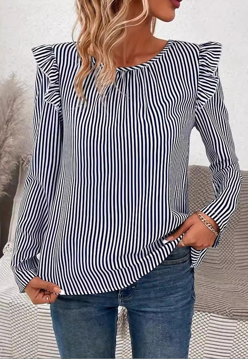 Women's Tunic Striped Stylish Long Sleeve Crew Neck Work Daily Ruffle Asymmetric Hem Blue Spring Fall 2025 - $29.99 –P4