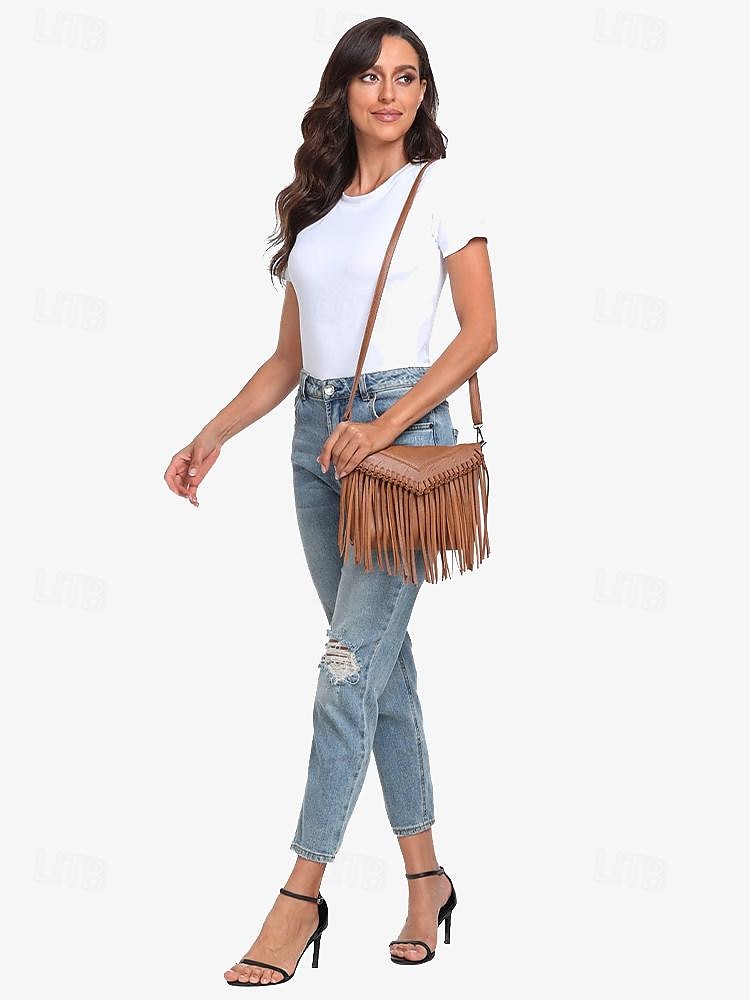 dámská hnědá třásňová crossbody kabelka s nastavitelným popruhem pro boho chic styl 2025 - $26.99 –P3