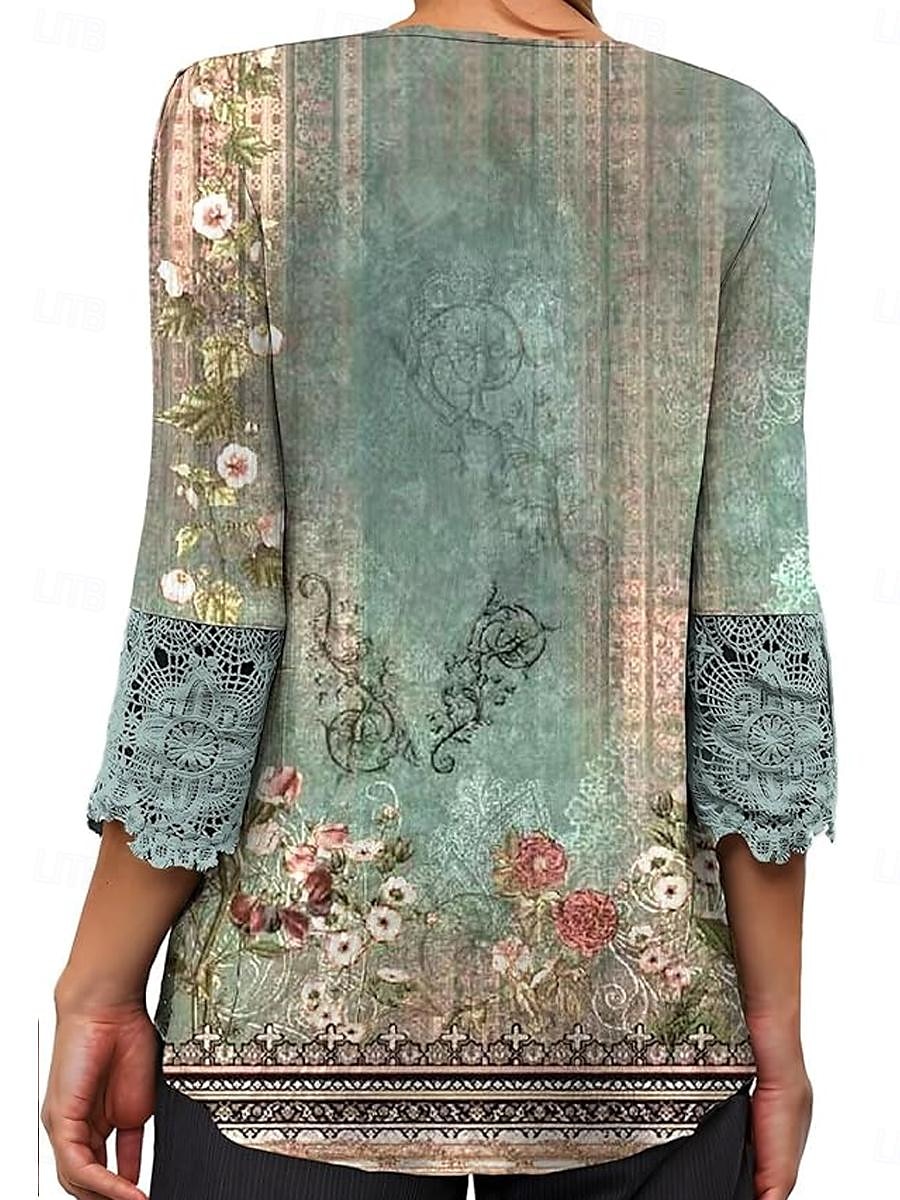 Kvinne Elegant Blonde Topper Eyelet Bluse Avslappet Ombre Blomsterblonde Knapper 3 4 Lengde Erme Reguliære Topper V Hals Daglig Romantisk Petite Topper Sommer Ferie Bruke Svart Rosa Blå Grønn Vår Høst 2025 - $21.99 –P3