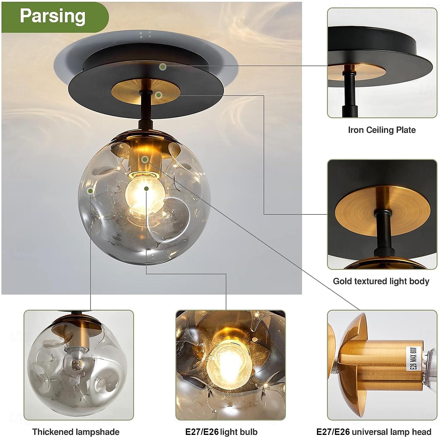 LED Ceiling Lights 3-Color Light Source 18/41cm 1/3-Light Vintage Semi Flush Mount Ceiling Light Fixture with Glass Globe E26/E27 Black Ceiling Light for Hallway Stairway Porch Entryway Kitchen Bedroom Laundry Farmhouse 110-240V 2025 - $86.99 –P5
