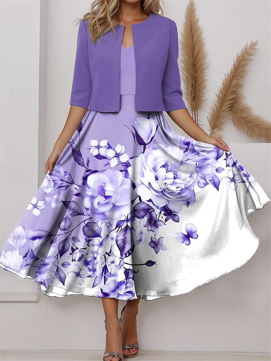 Abito midi da donna set di abiti a due pezzi set di abiti abito casual abito in chiffon abito a ruota elegante stampa floreale maniche  -  - -  lunghe scollo a V San Valentino appuntamento viola del 2025 a $34.99 –P1