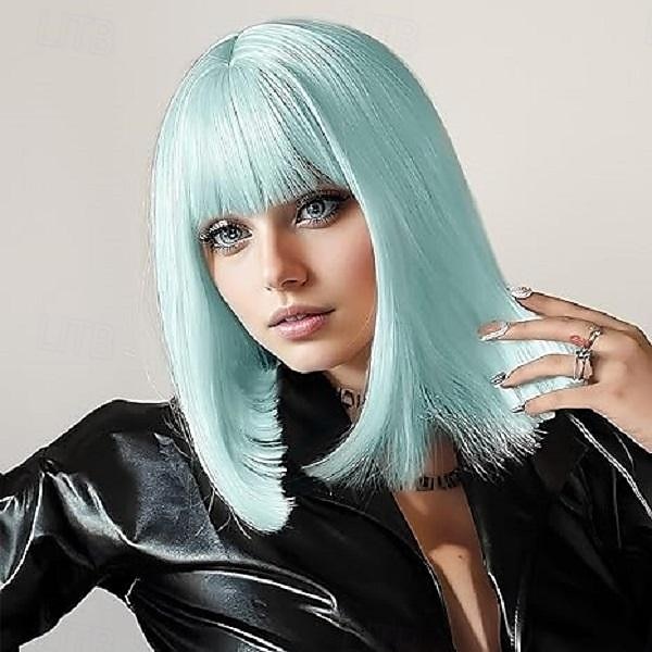 Perruque bob bleu clair avec des bangs courte perruque droite bleue pour femmes cheveux mi-longs colorés perruque synthétique pour usage quotidien fête cosplay 12 pouces perruques Halloween de 2025 ? $18.99 –P2