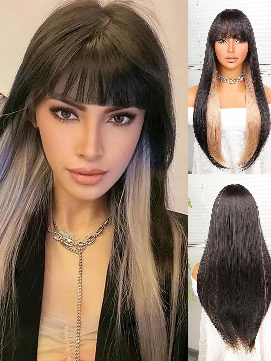 Perruque Synthétique Yaki Droite Coupe Droite Perruque 24 pouces Noir et Or Cheveux Synthétiques Femme Noir / Blond de 2025 ? $18.99 –P1