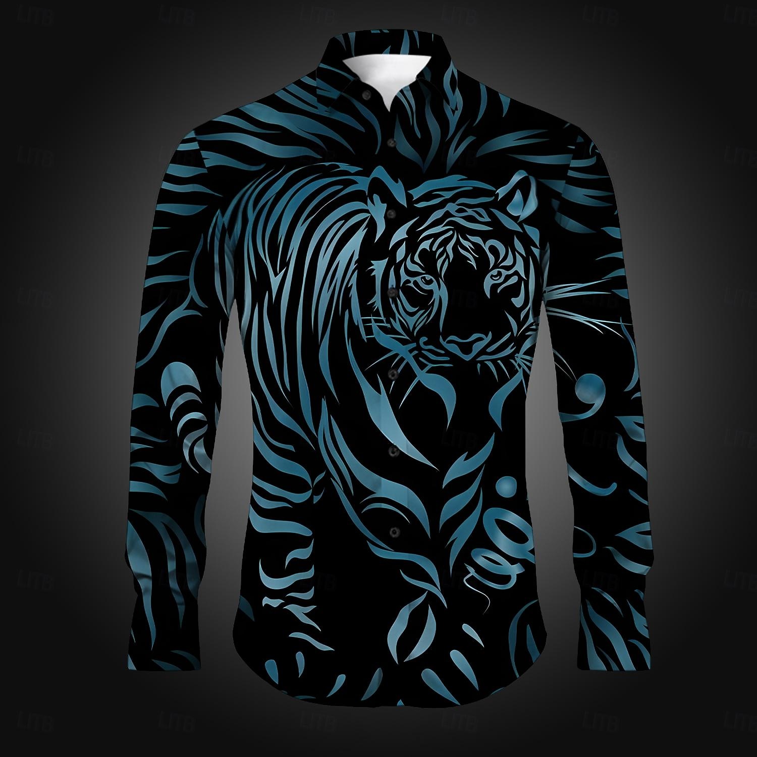 Men's Tiger Button Up Shirt Printed Shirts Long Sleeve Casual Daily Party Holiday Spring & Summer Fall Winter Turndown Buttons Print Blue Purple Gold Gray 2026 - $30.99 –P3