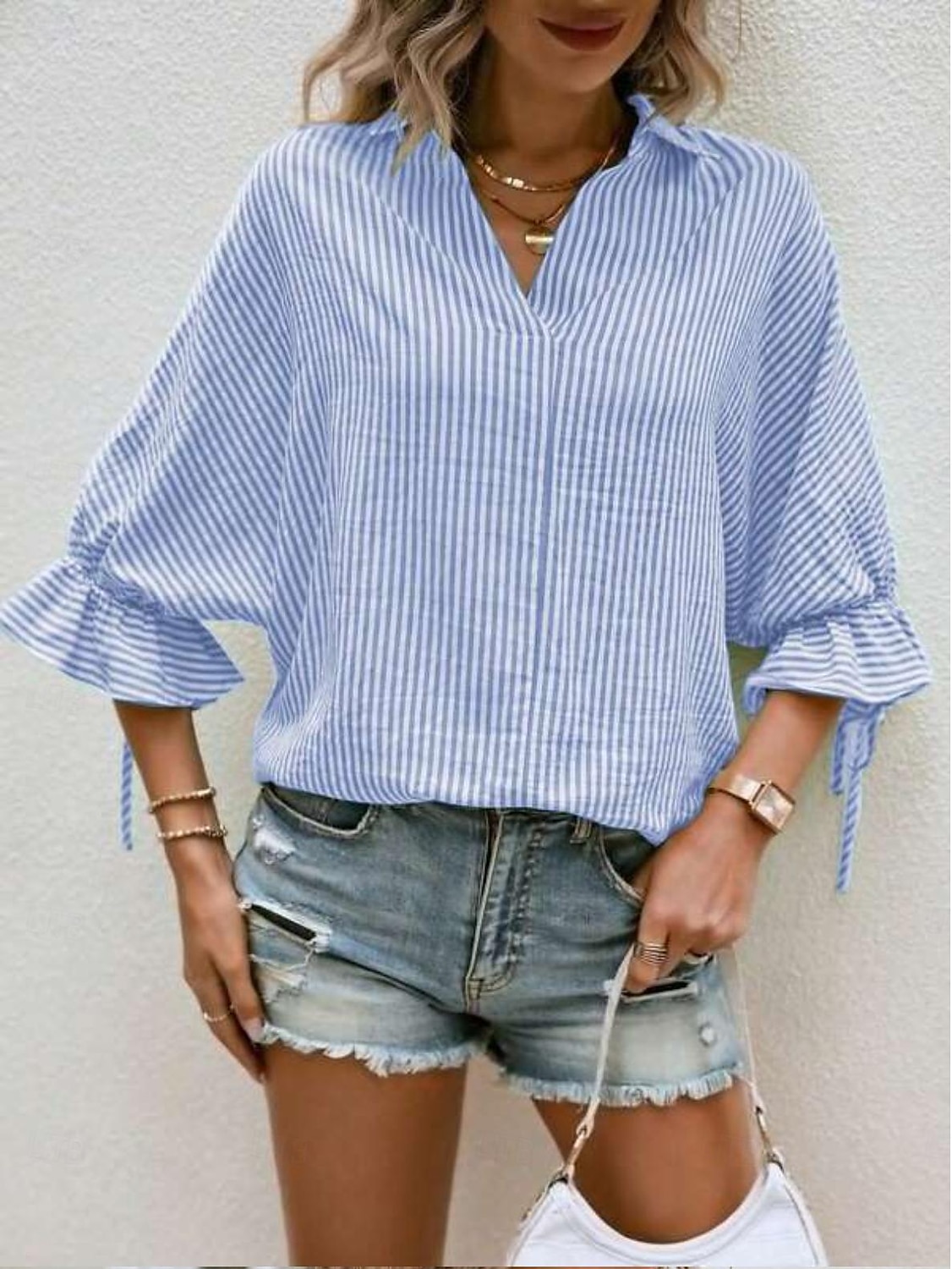 Per donna Camicia Asimmetrico A righe Elegante Moderno Manica 3/4 Manica a Balze Colletto a Camicia Lavoro Blu Verde Estate Primavera Autunno del 2026 a $23.99 –P3