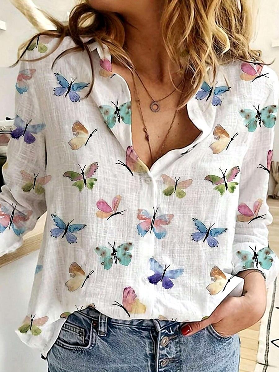 Damenhemd Langarm Knopf Bluse Elegant Stilvoll Schmetterlingsdruck Hemdkragen Alltag Weiß Gelb Frühling Herbst 2025 - $32.99 –P1