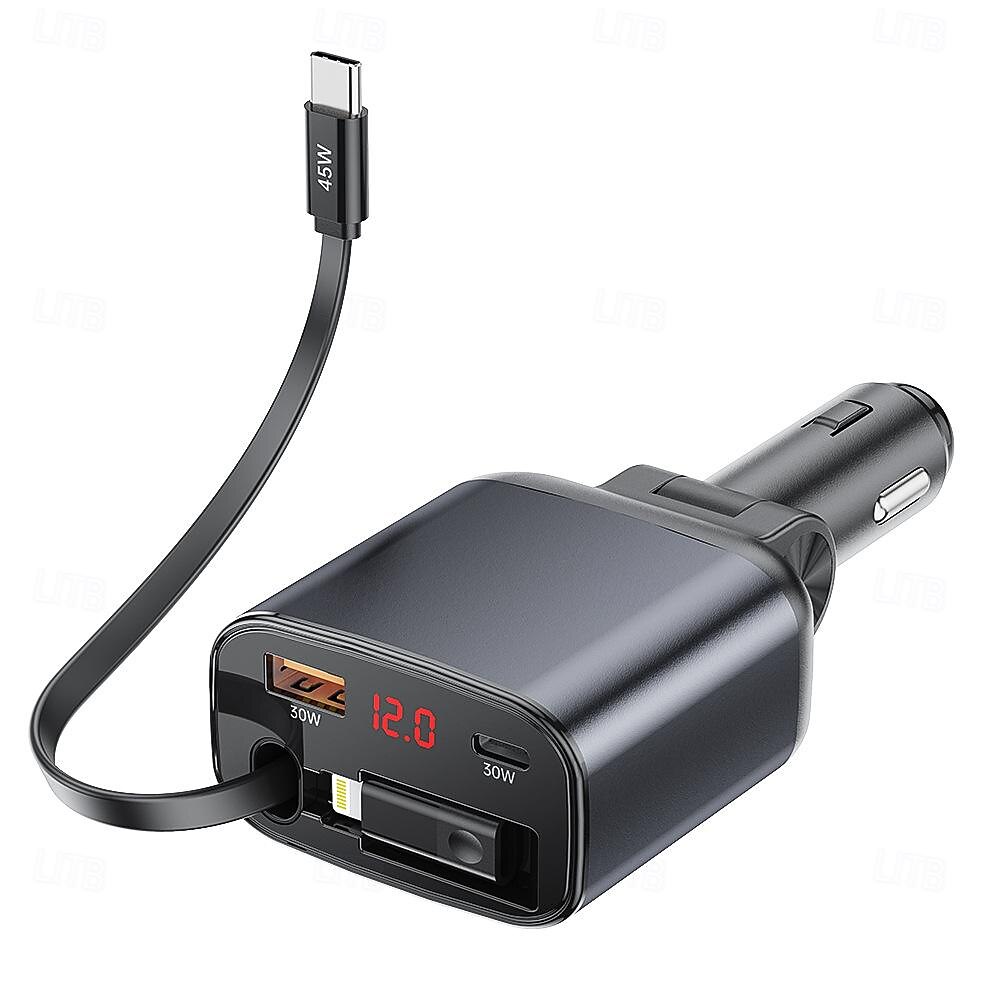 einziehbarer Autoladeadapter mit Typ-C-Kabel Lightning 2 USB-Anschlüsse Autoadapter mit Spannungsanzeige PD 45 W 2025 - $38.99 –P7