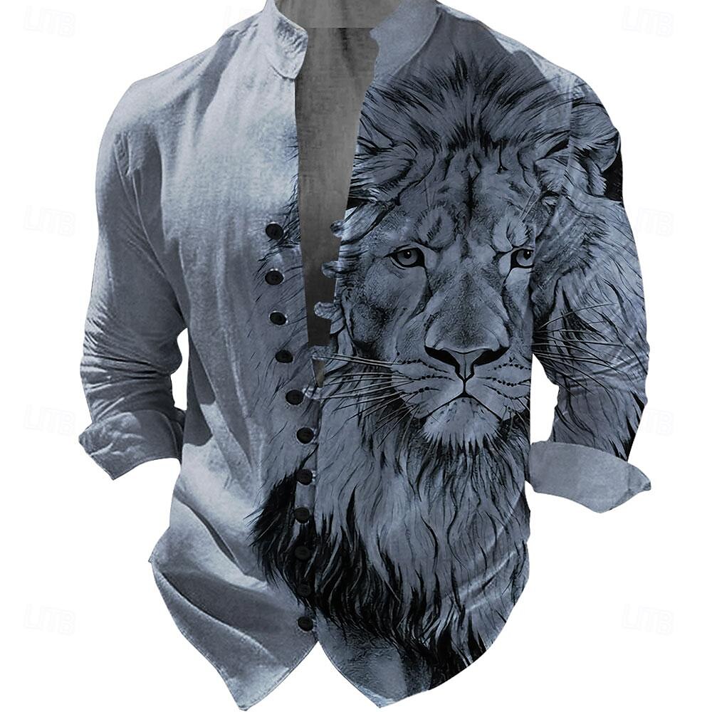 Men's Lion Shirt Button Up Shirt Long Sleeve Vintage Casual Daily Holiday Summer Spring Standing Collar Button Up 3D Print Blue Brown Gray 2025 - $24.99 –P2