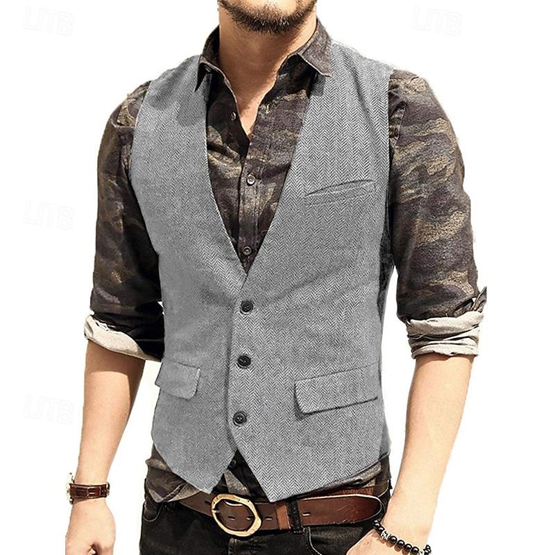 Voor heren Vest Bruiloft Evenement / Feest Dagelijks Modieus Zakelijk Lente zomer nappi Zak Polyester Comfortabel Effen Kleur Enkele knoopsluiting één knoop V-hals Normale pasvorm Zilver Donker Bruin 2025 - $38.99 –P13