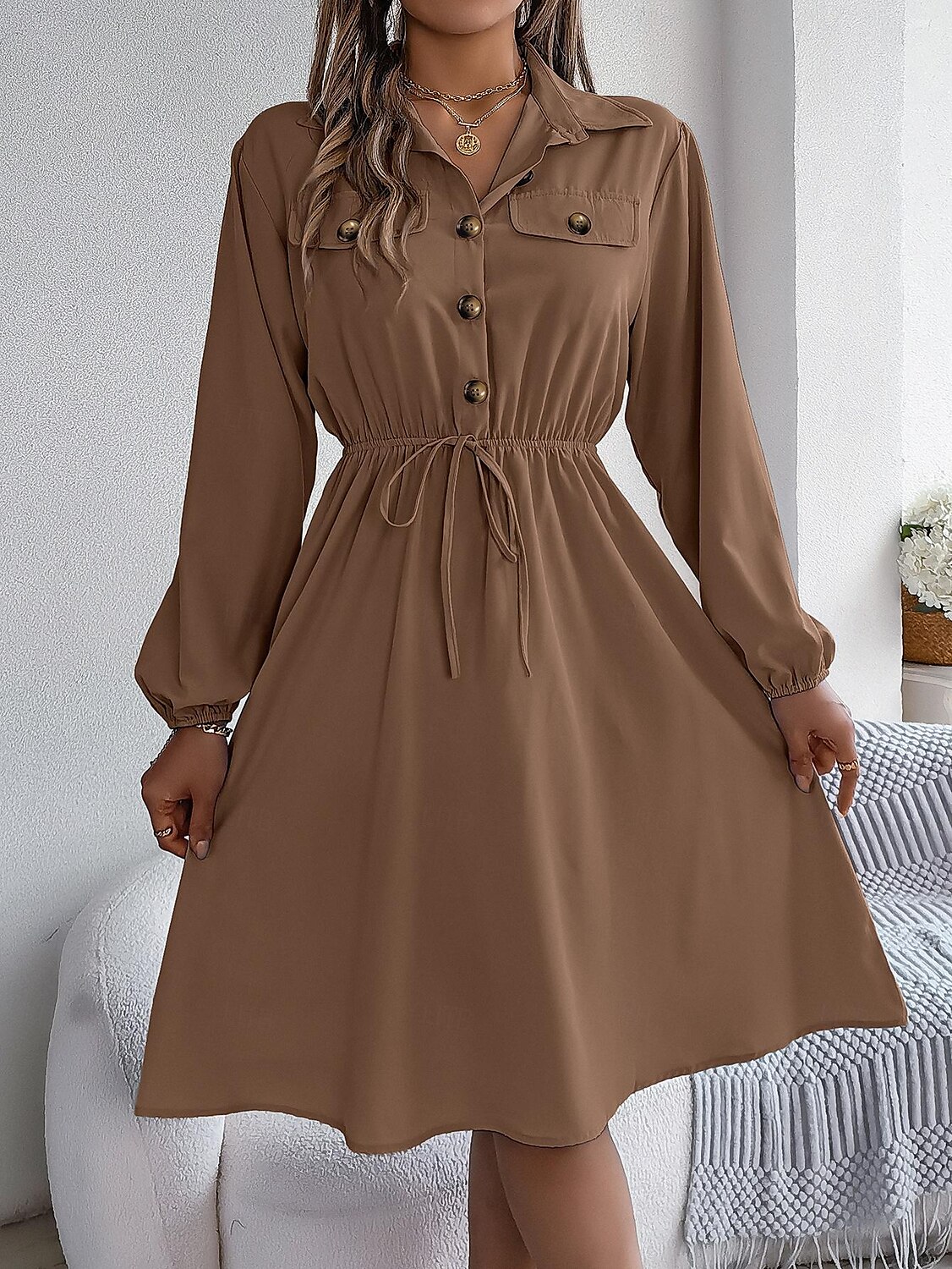 Damen Arbeitskleidung A Linie Kleid Modisch Täglich Arbeitsmode Bischof Midikleid Gefaltet Taste Hemdkragen Langarm Glatt Regular Fit Schwarz Wein Khaki Frühling Herbst S M L XL 2025 - $28.99 –P13