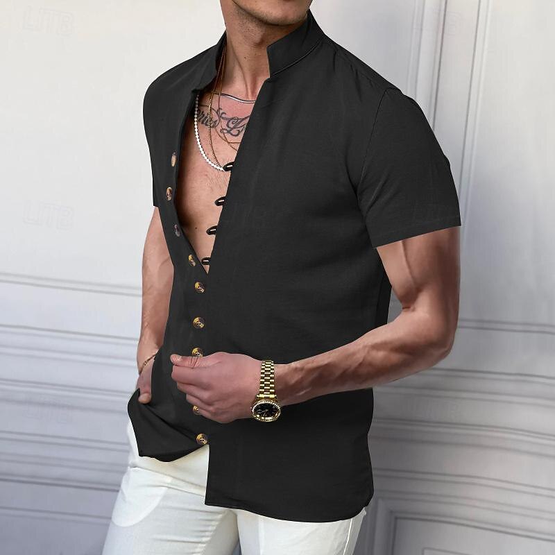 Miesten Paita pellava paita Kiinalainen kauluspaita Mandarin kauluspaita Rento paita Button Up paita Tavallinen Loma Katu Musta Valkoinen Punastuvan vaaleanpunainen Khaki Lyhythihainen isoisän kaulus 2025 - $24.99 –P9