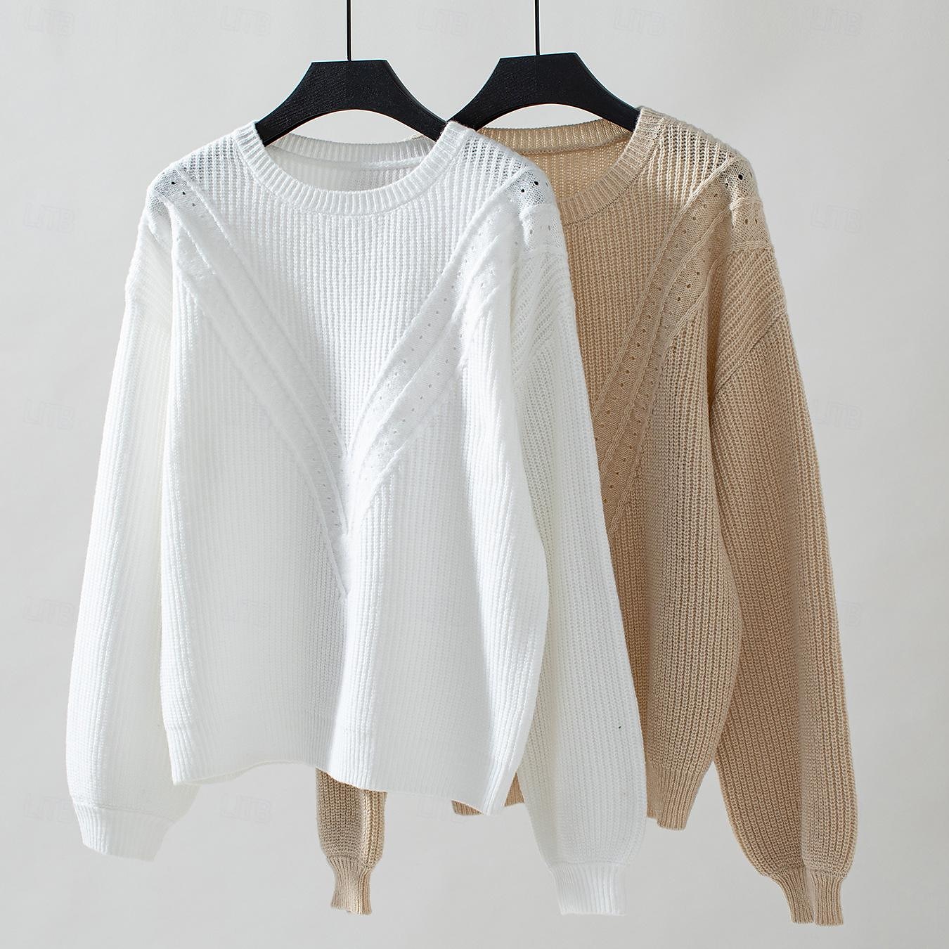 Damen Pullover Stilvoll Feste Farbe Gerippt Rundhalsausschnitt Strick Laternenärmel Langarm Lange Oberteile Stricken Arbeit Täglich Weiß Beige Herbst Winter 2025 - $51.99 –P8