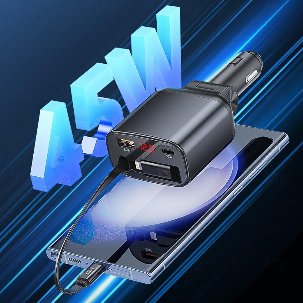 einziehbarer Autoladeadapter mit Typ-C-Kabel Lightning 2 USB-Anschlüsse Autoadapter mit Spannungsanzeige PD 45 W 2025 - $38.99 –P3