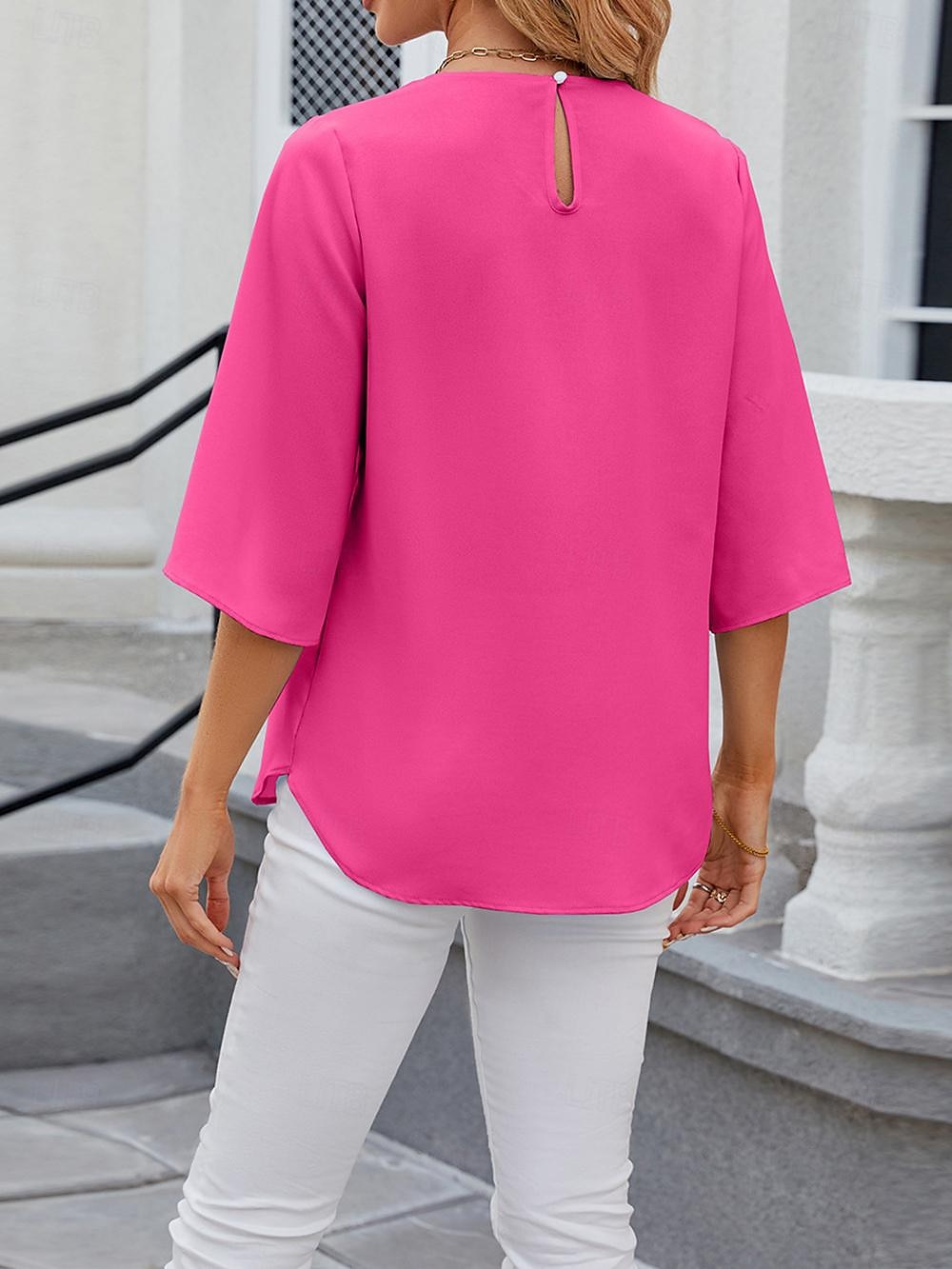 Shirt Blouse Women's White Pink Wine Plain Sexy Street Daily Fashion Round Neck Regular Fit S 2025 - $29.99 –P10
