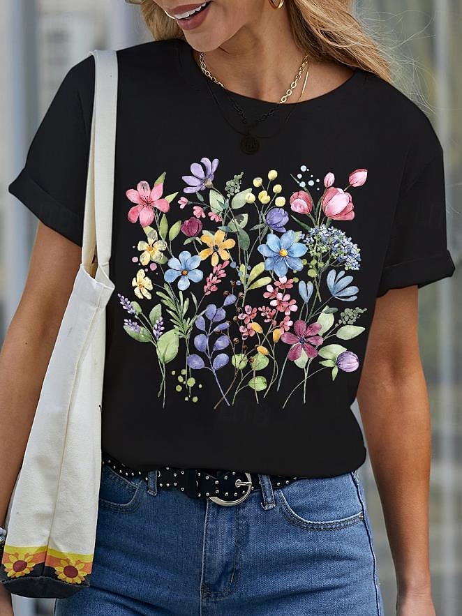 Damen T Shirt Blumen Basic Lässig Kurzarm Rundhalsausschnitt Normale Oberteile Täglich Druck Schwarz Weiß Blau Purpur Sommer 2025 - RON 104.99 –P4