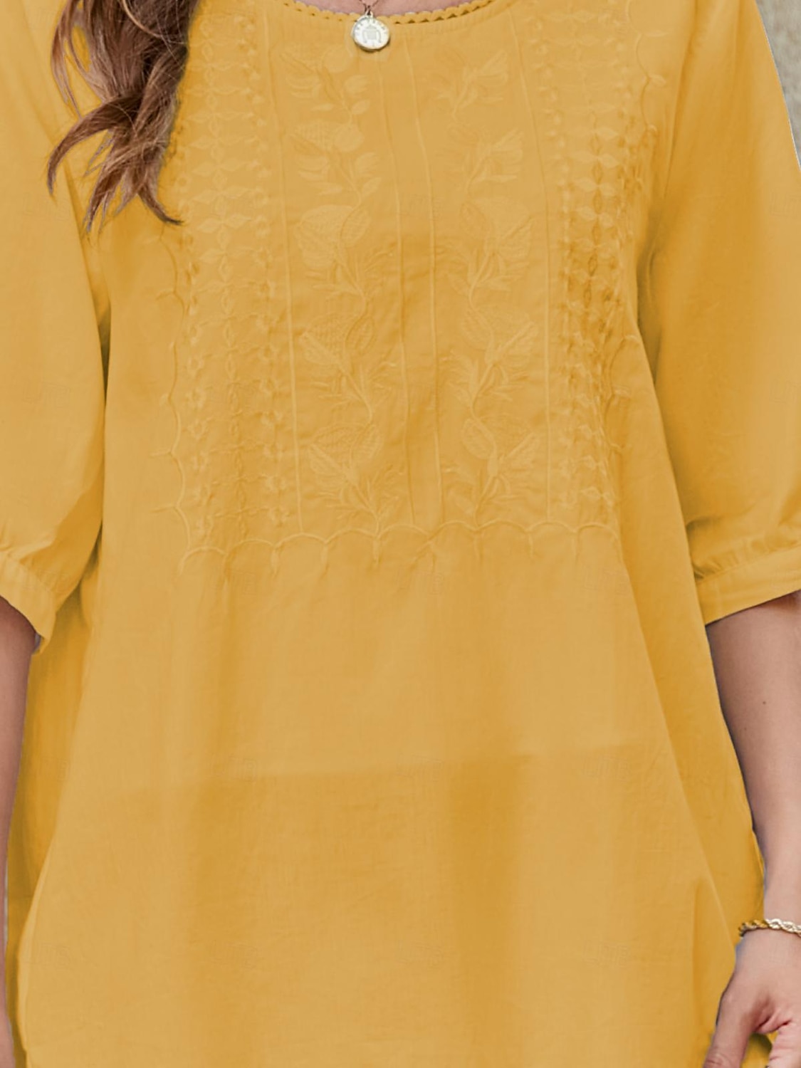 Femmes Chemise Chemises inspirées du lin Couleur Unie Fleuri Occasionnel Boho Manche 3/4 Manches au coude Col ras du cou Hauts Réguliers Vacances Soirée Quotidien Broderie Blanche Jaune Kaki Automne de 2025 ? $32.99 –P18
