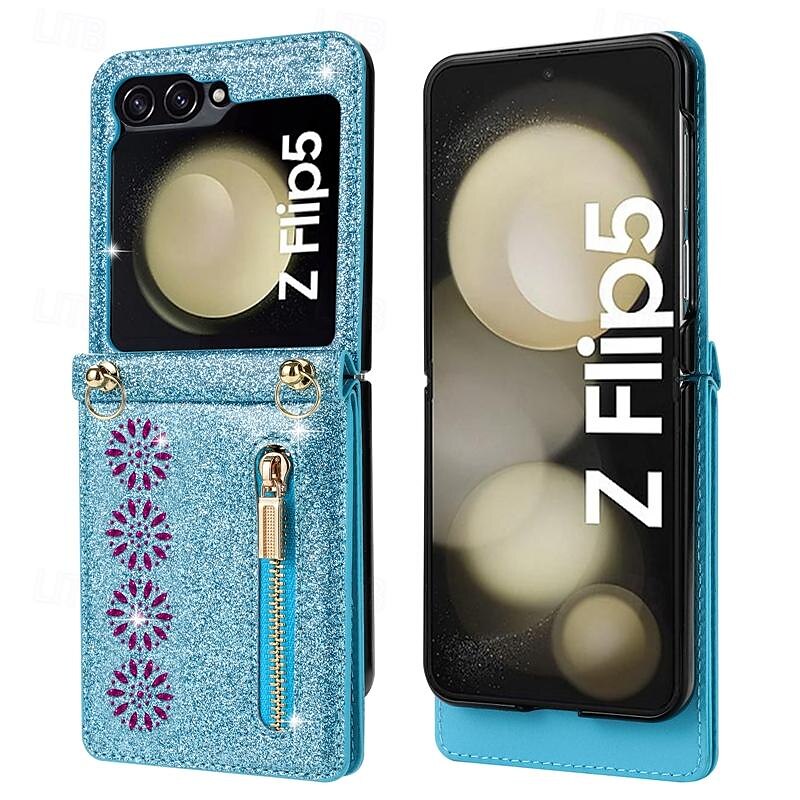 2025年 電話 ケース 用途 サムスンのギャラクシー Zフリップ7 Zフリップ6 Z Flip 5 Z Flip 4 Z Flip 3 フリップカバー ジッパ- ストラップ付き ブリンブリングリッターシャイニー レトロ風 PC PUレザー コレクション – $25.99 –P18