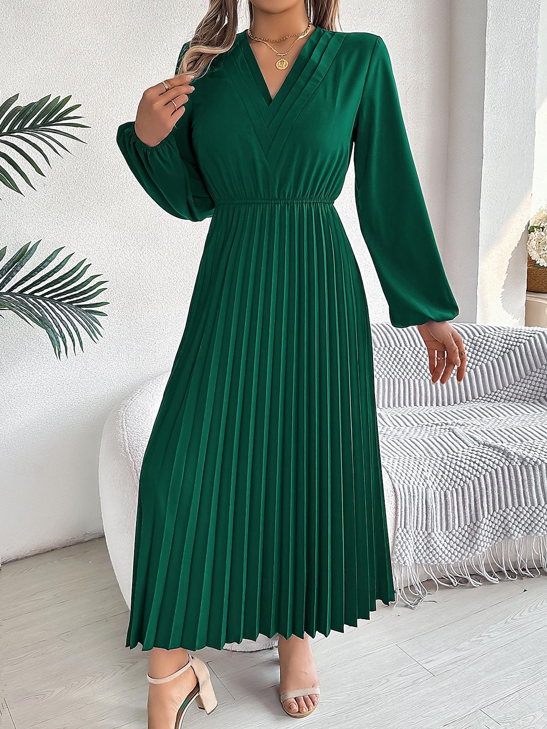 Per donna Abito da lavoro Abito linea A Di tendenza Ufficio Moda da lavoro Rimborsate Abito lungo Abito lungo A pieghe A V Manica lunga Liscio Standard Nero Vino Marrone Primavera Autunno S M L XL del 2025 a $39.99 –P4