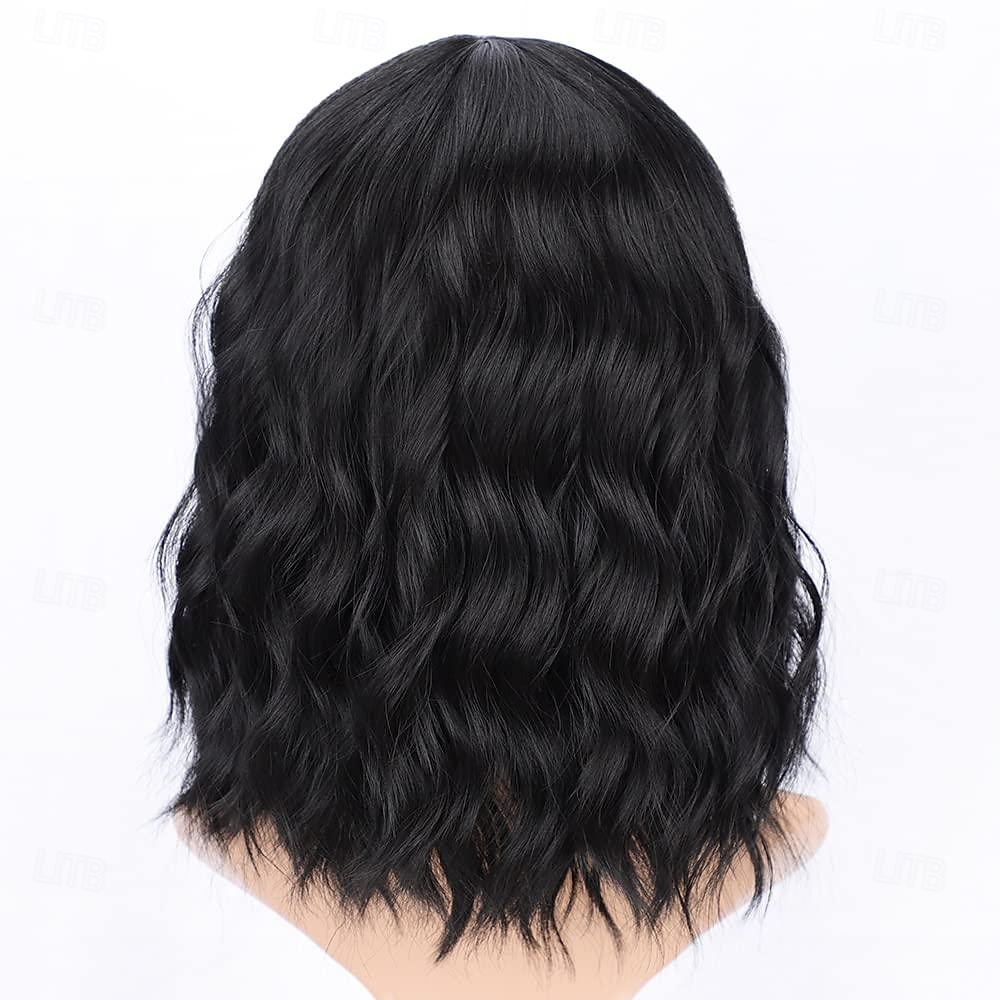 Bob encaracolado peruca sintética curta preta com franja natural olhando fibra resistente ao calor cabelo para mulher de 2025 por $14.49 –P6