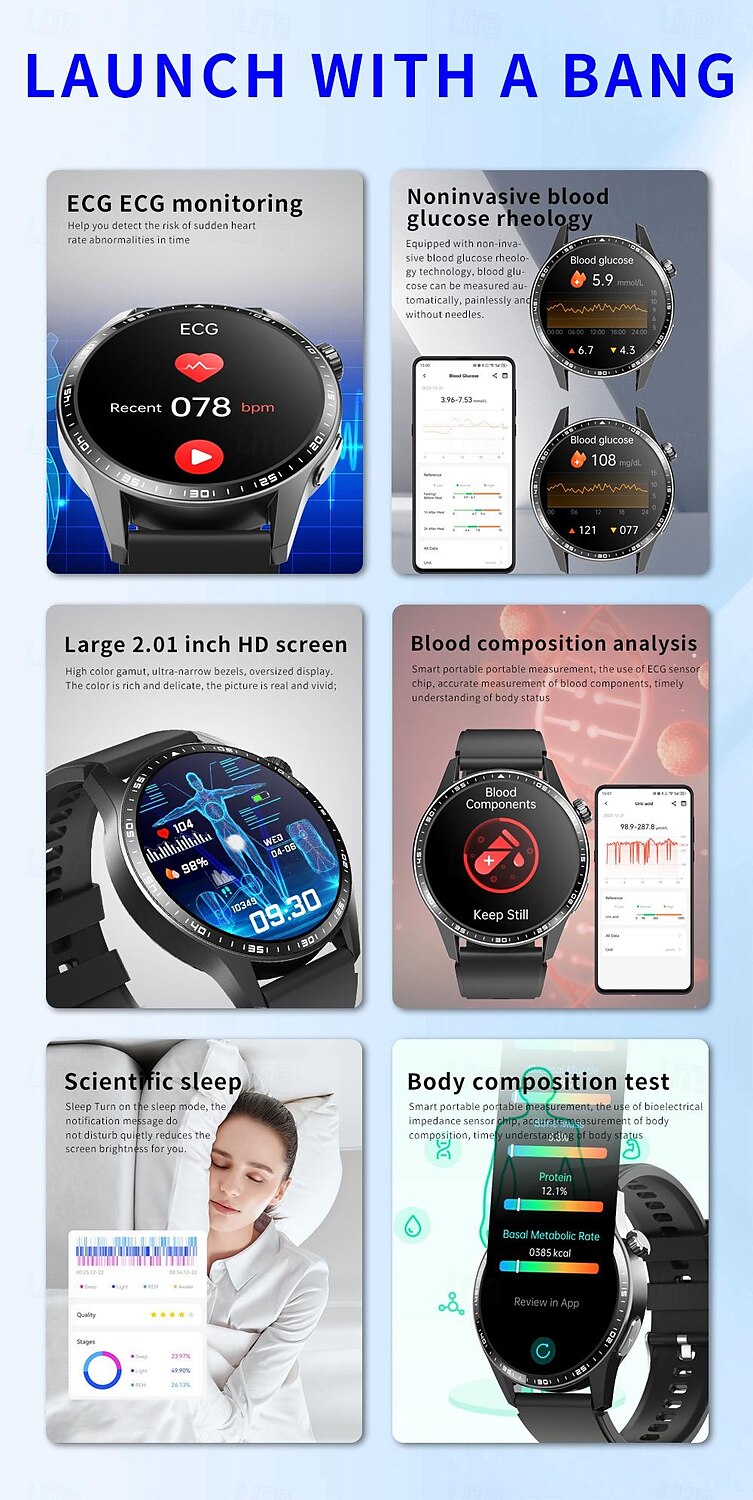 2025年 696 F400 スマートウォッチ 1.55 インチ スマートブレスレット ブルートゥース ECG + PPG 歩数計 着信通知 と互換性があります Android iOS 男性 ハンドフリーコール メッセージ受信通知 IP 67 46mmの時計ケース コレクション – $81.99 –P3