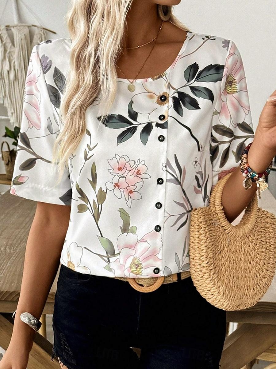 Kvinnes Skjorte Bluse Elegant Blomstertrykk Kort Sleeve Vanlige Topper Crew Neck Daglig Lin Som Lys Grønn Sommer 2025 - $22.99 –P3