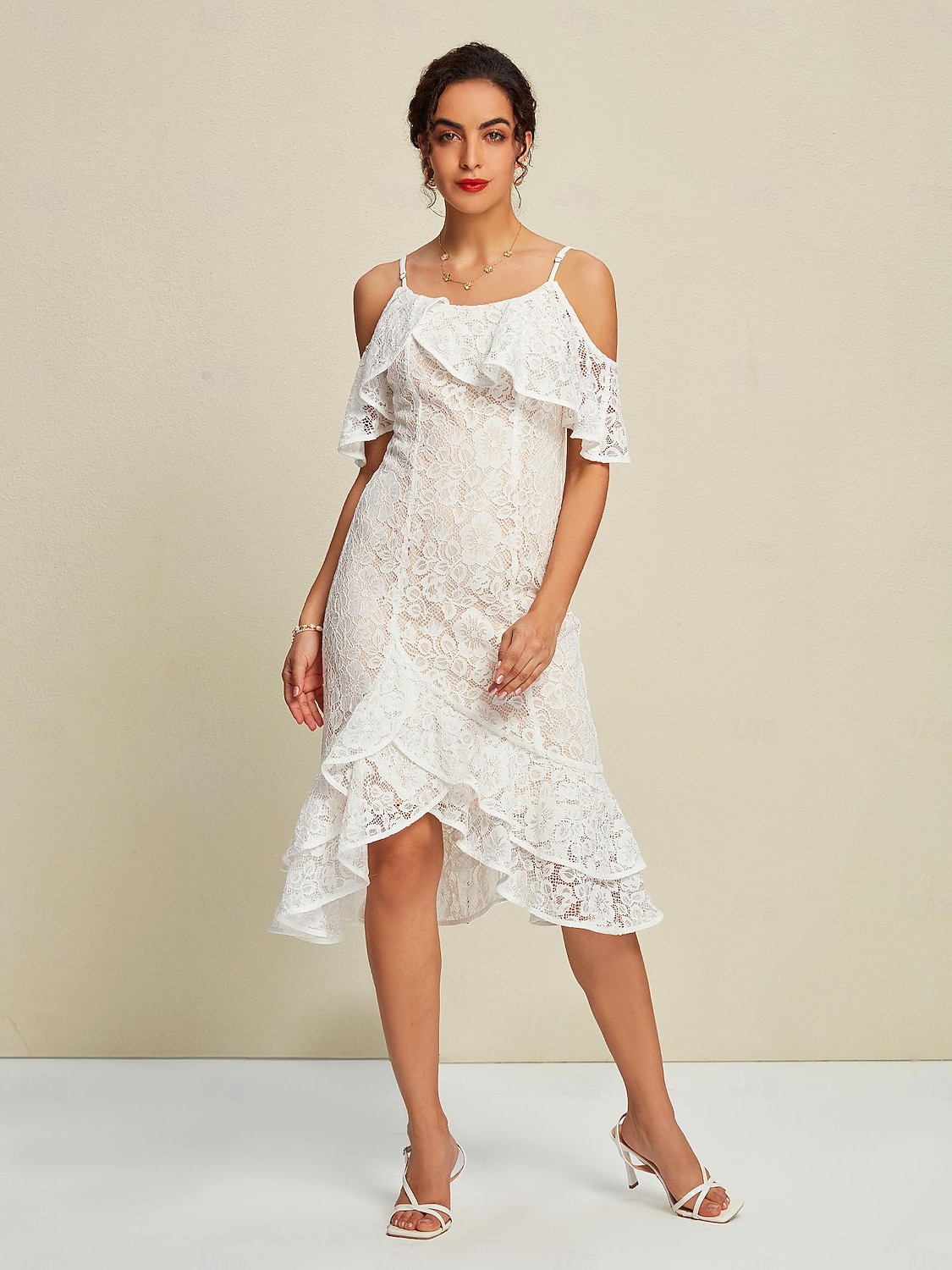 White Floral Lace Ruffle Spaghetti Strap Cold Shoulder Party/Wedding Guest Midi Dress dress to impress 2024 2026 - $69.99 White Floral Lace Ruffle Spaghetti Strap Cold Shoulder Party/Wedding Guest Midi Dress dress to impress 2024 2026 - $69.99