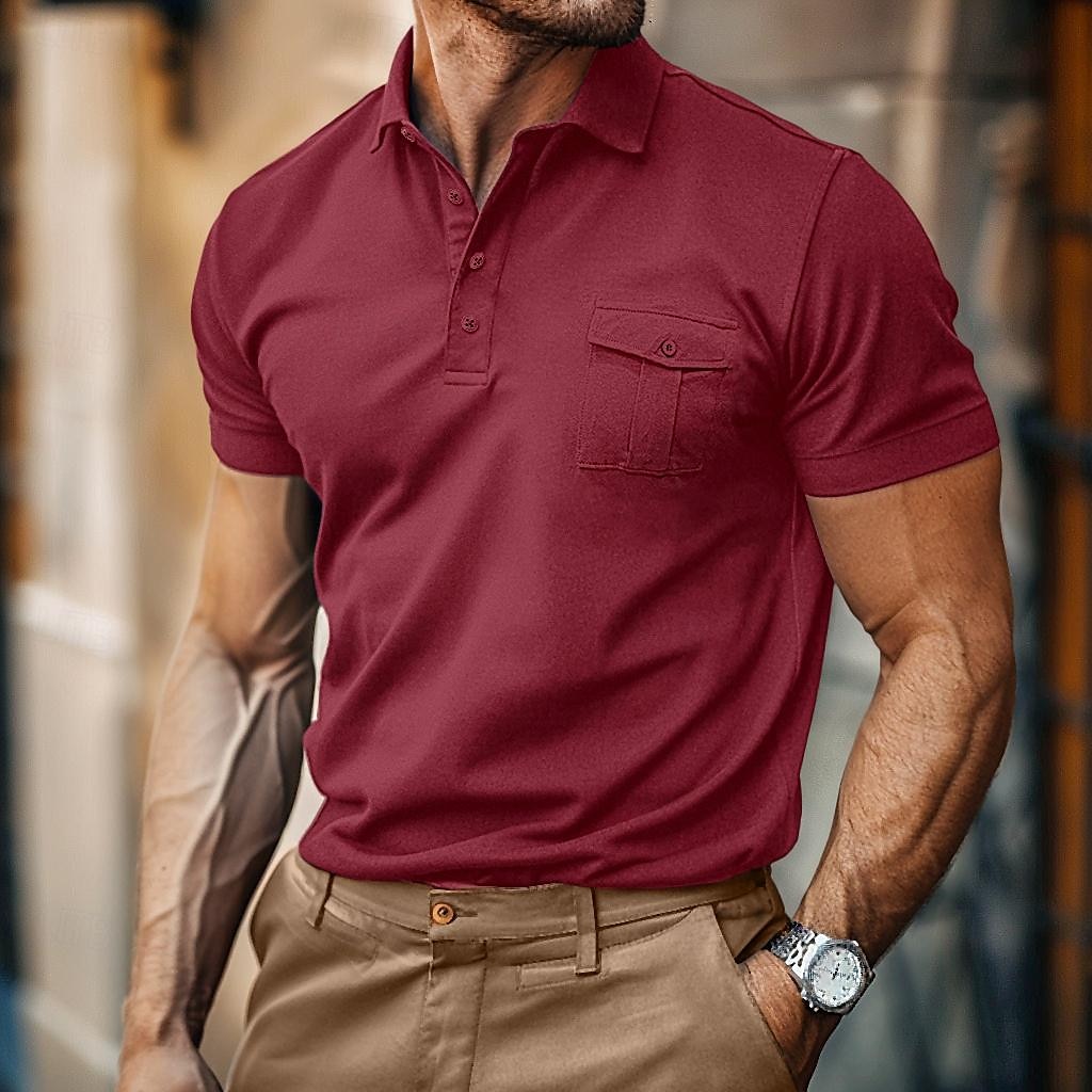 Men's Polo Shirts Golf Shirt Work Casual Lapel Ribbed Polo Collar Short Sleeve Basic Modern Solid Color Patchwork Buttons Spring & Summer Regular Fit Dark Gray Black White Burgundy Royal Blue Blue 2025 - $23.99 –P7