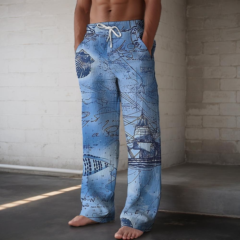 Homens Veleiro Calça casual Cintura Média Havaiana Férias Perna reta Verão Primavera Impressão 3D Azul de 2025 por $25.99 –P1