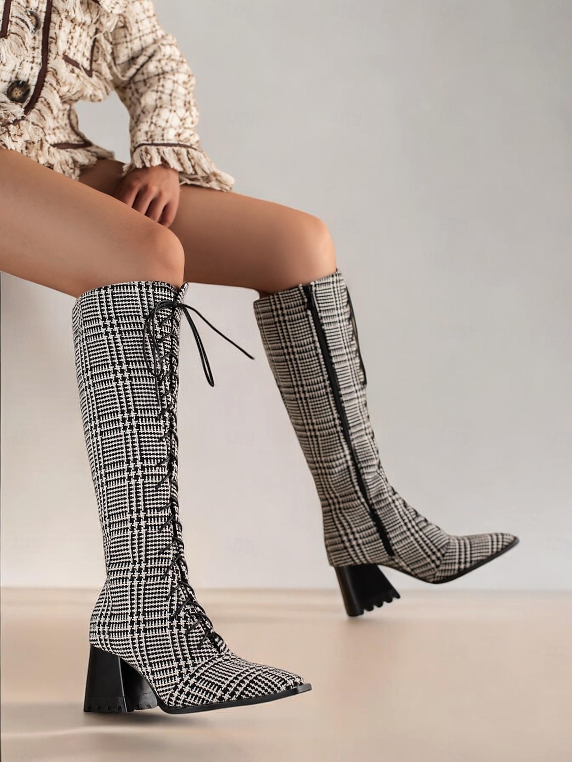 vintage svart-hvitt rutete lace-up knehøye støvletter for kvinner med blokkhæl for uformell høst- og vintermote 2025 - $64.99 –P1