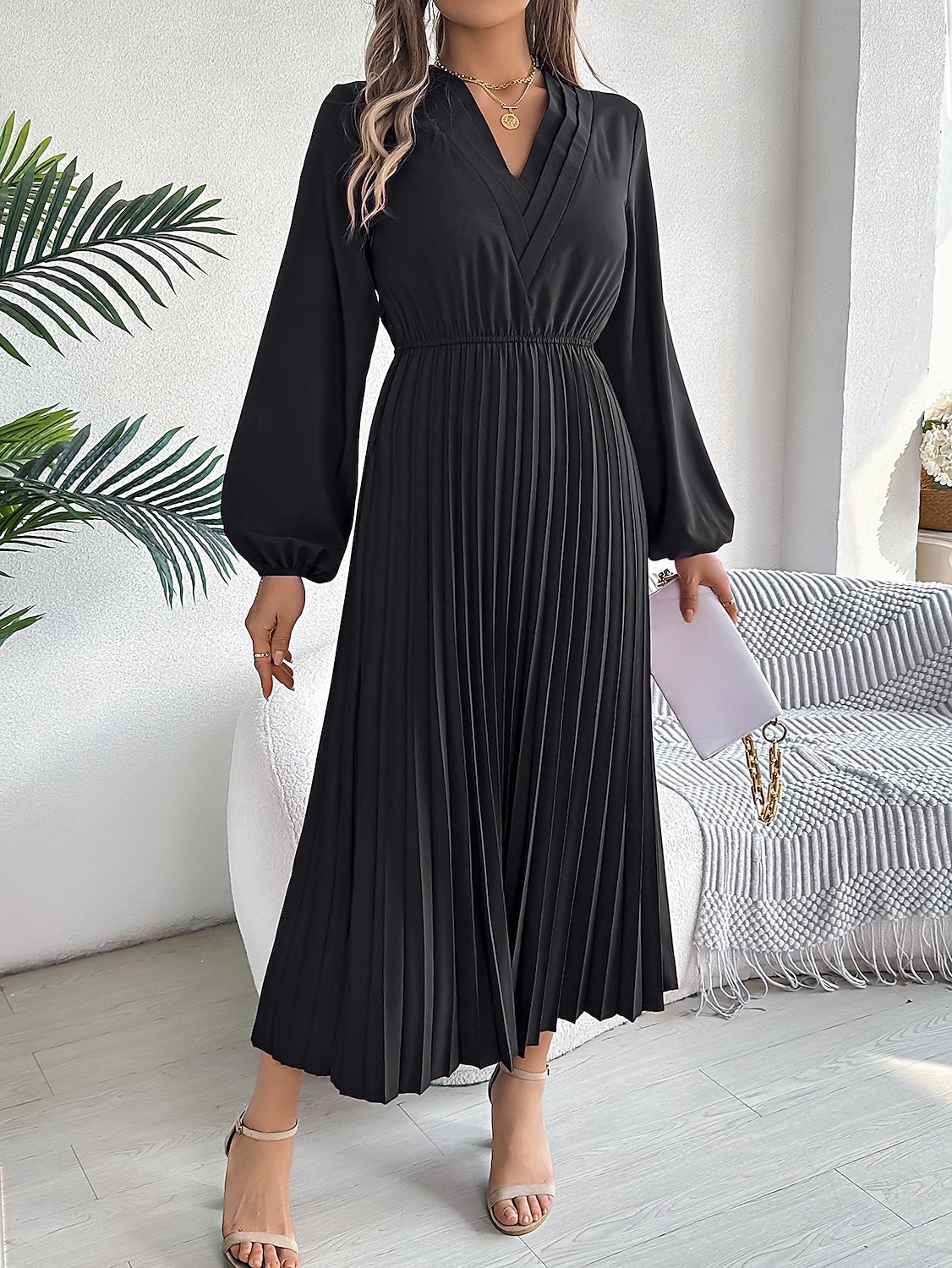 Per donna Abito da lavoro Abito linea A Di tendenza Ufficio Moda da lavoro Rimborsate Abito lungo Abito lungo A pieghe A V Manica lunga Liscio Standard Nero Vino Marrone Primavera Autunno S M L XL del 2025 a $39.99 –P9