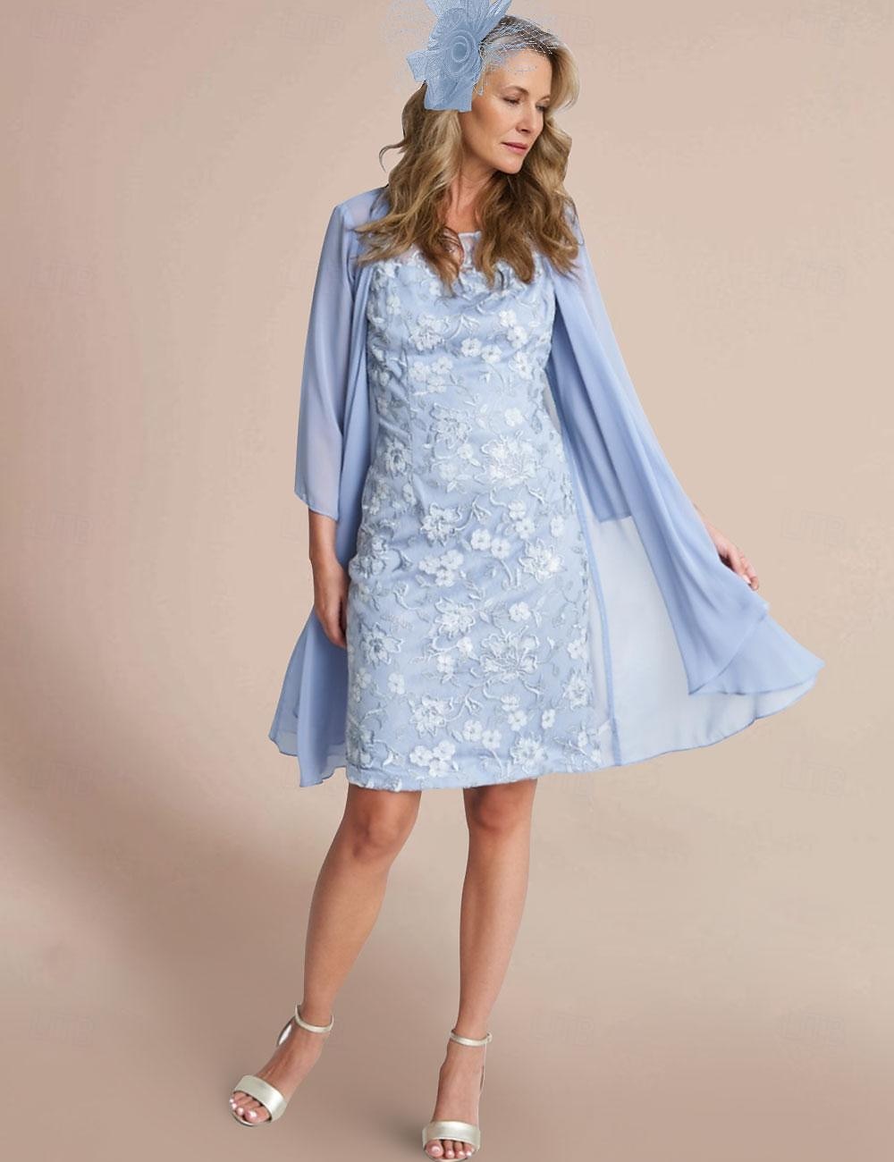 Two Piece Sheath Mother of the Bride Dress Elegant Jewel Neck Knee Length Lace Stretch Chiffon 3/4 Length Sleeve Wrap Included Jacket Dresses with Lace free custom size 2025 - $157.99 –P4