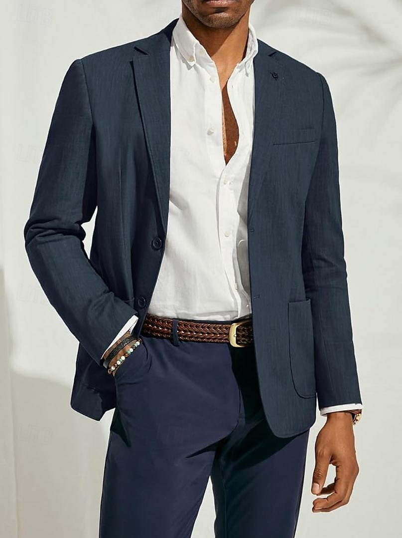 Herre Lin Blazer Jakke Sportjakke Mote Uformell Sommer Enfarget Mørk Blå Beige Lys Blå Tilpasset Passform Enkeltknapp To-knapper 2025 - $78.99 –P1