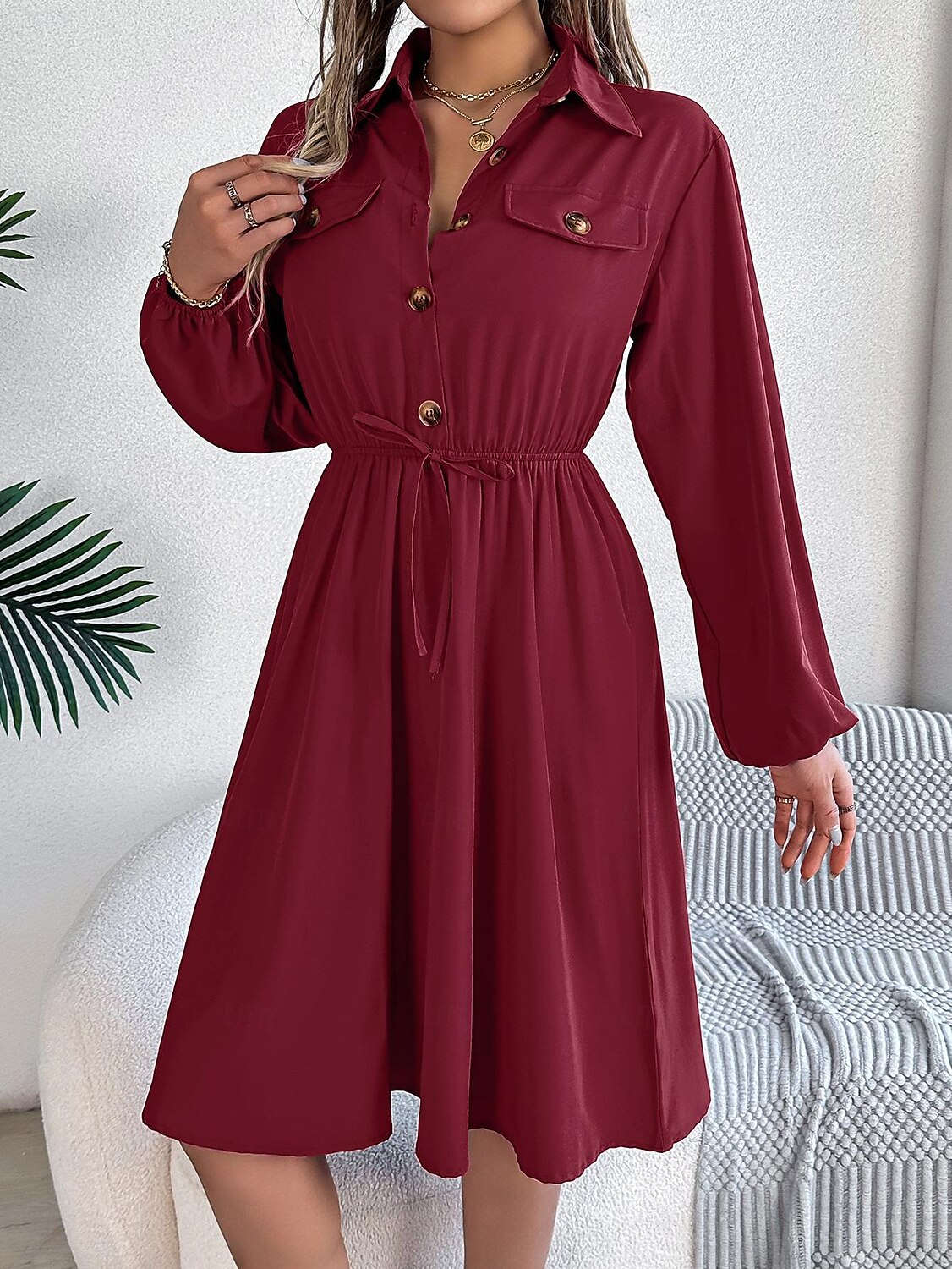 Damen Arbeitskleidung A Linie Kleid Modisch Täglich Arbeitsmode Bischof Midikleid Gefaltet Taste Hemdkragen Langarm Glatt Regular Fit Schwarz Wein Khaki Frühling Herbst S M L XL 2025 - $28.99 –P8