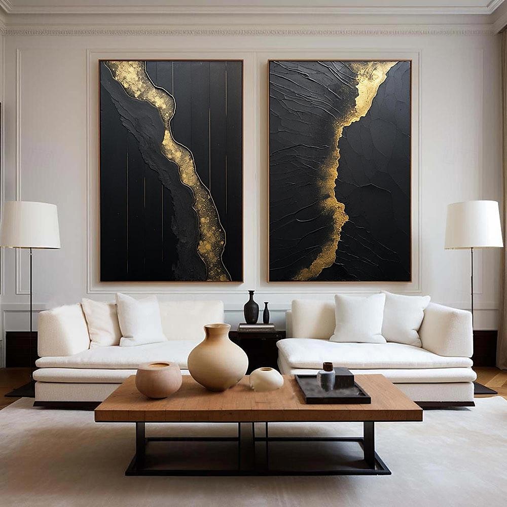 Wabi Sai Art, handgefertigtes schwarzes Wandkunstgemälde, handgemaltes schwarz-goldenes Strukturgemälde, Ölgemälde mit goldener Struktur, Wandkunst, schwarzes abstraktes Gemälde, Kunstgemälde im 2025 - $125.99 –P1