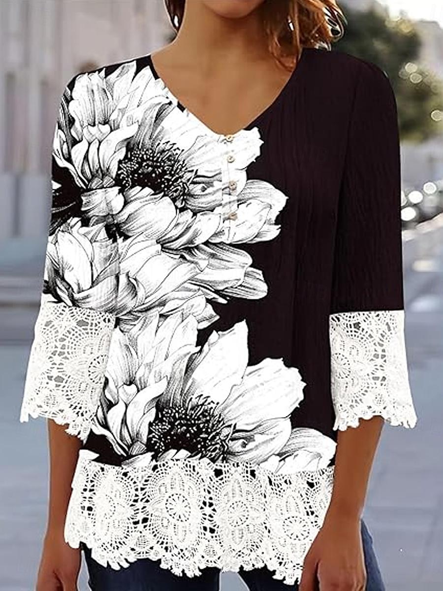 Kvinne Elegant Blonde Topper Eyelet Bluse Avslappet Ombre Blomsterblonde Knapper 3 4 Lengde Erme Reguliære Topper V Hals Daglig Romantisk Petite Topper Sommer Ferie Bruke Svart Rosa Blå Grønn Vår Høst 2025 - $21.99 –P10