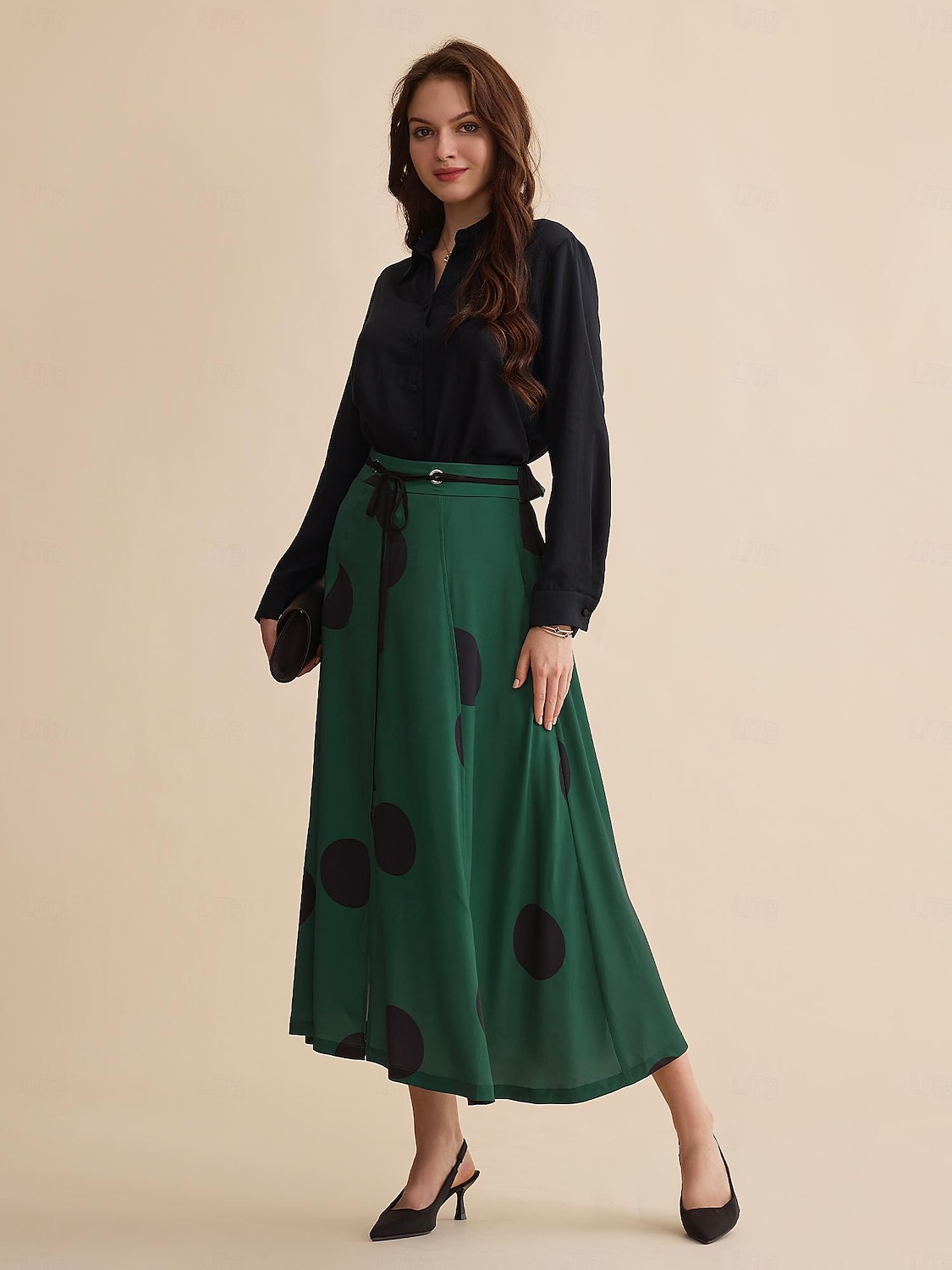 Saia maxi de cetim com bolinhas peplum com cinto e pontas duplas de 2025 por $48.99 –P2