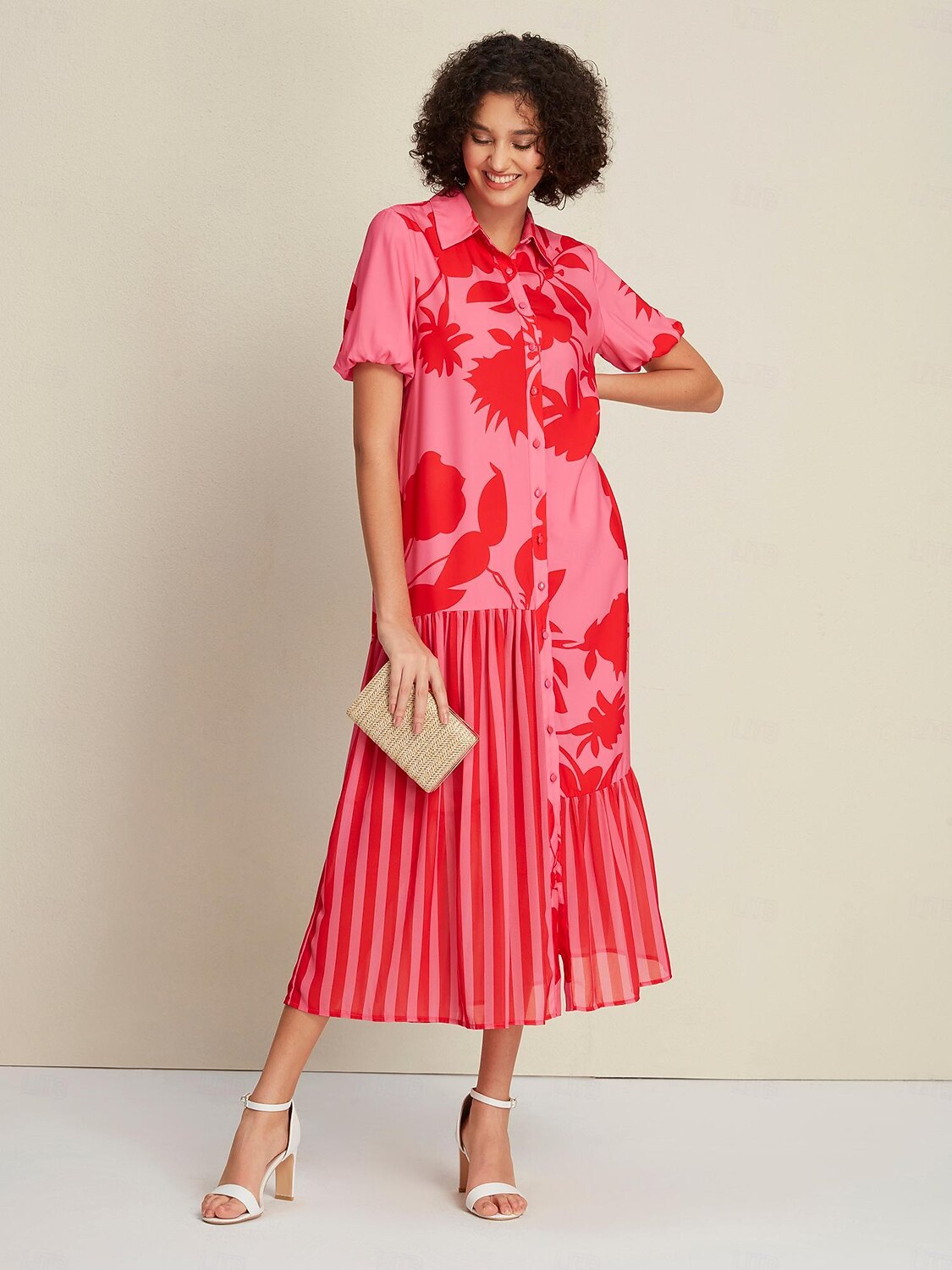 Damen Lockeres Kleid Elegantes Kleid Maxikleid Rosenrot Kurzarm Blumen Gestreift Drucken Asymmetrischer Saum Frühling & Sommer Hemdkragen Elegant S M L 2025 - $103.99 –P1