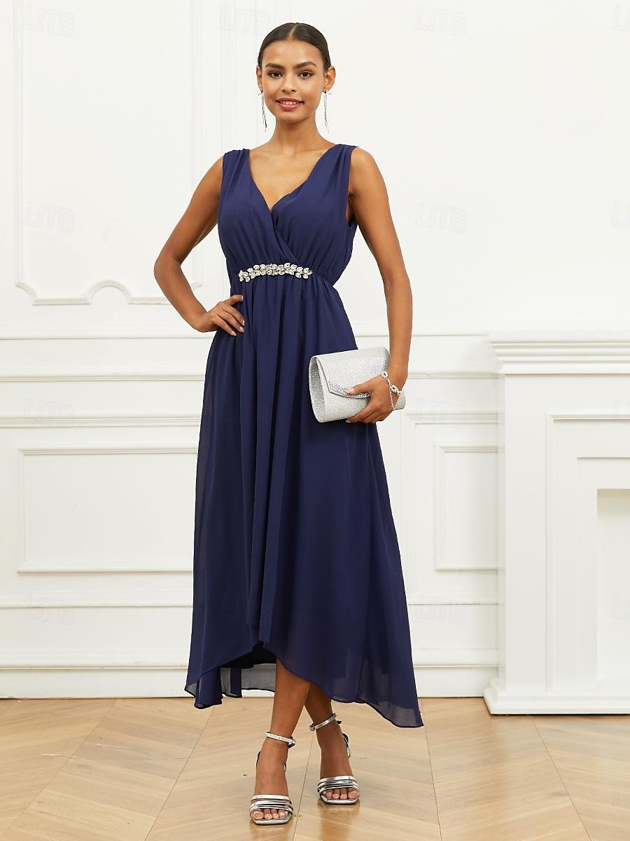 Pentru femei Rochie A line Rochie Maxi Șifon Zdrobit Niveluri Invitat la nunta Petrecere cu cocktail Elegant În V Fără manșon Bleumarin Culoare 2025 - $49.99 –P6