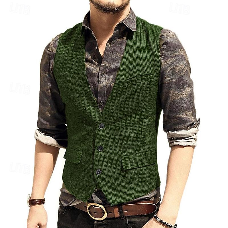 Voor heren Vest Bruiloft Evenement / Feest Dagelijks Modieus Zakelijk Lente zomer nappi Zak Polyester Comfortabel Effen Kleur Enkele knoopsluiting één knoop V-hals Normale pasvorm Zilver Donker Bruin 2025 - $38.99 –P5