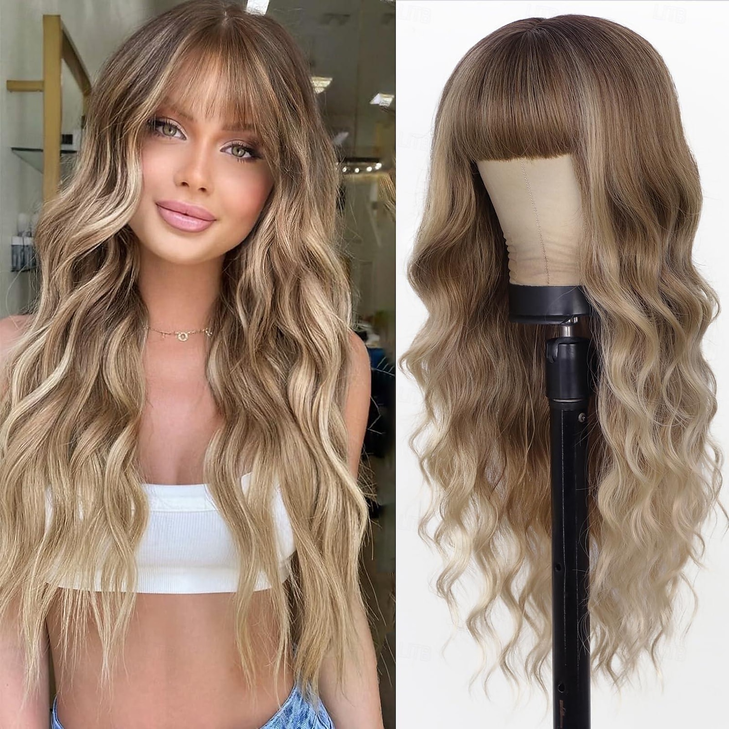 peruca loira ombre com franja perucas longas loiras onduladas para mulheres perucas sintéticas cacheadas onduladas com raiz escura parte do meio peruca resistente ao calor para uso diário em festas de 2025 por $19.49 –P1