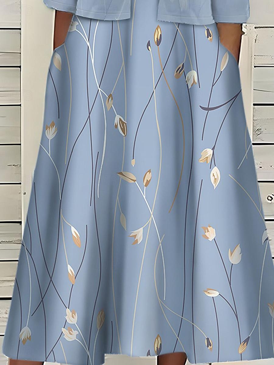 Dámské midi šaty dvojdílná sada šatů casual šaty tištěné šaty venkovní každodenní módní elegantní kapsové tištěné kulatý výstřih polodlouhý rukáv květinové pravidelný střih růžová modrá nebesky modrá 2025 - $46.99 –P3