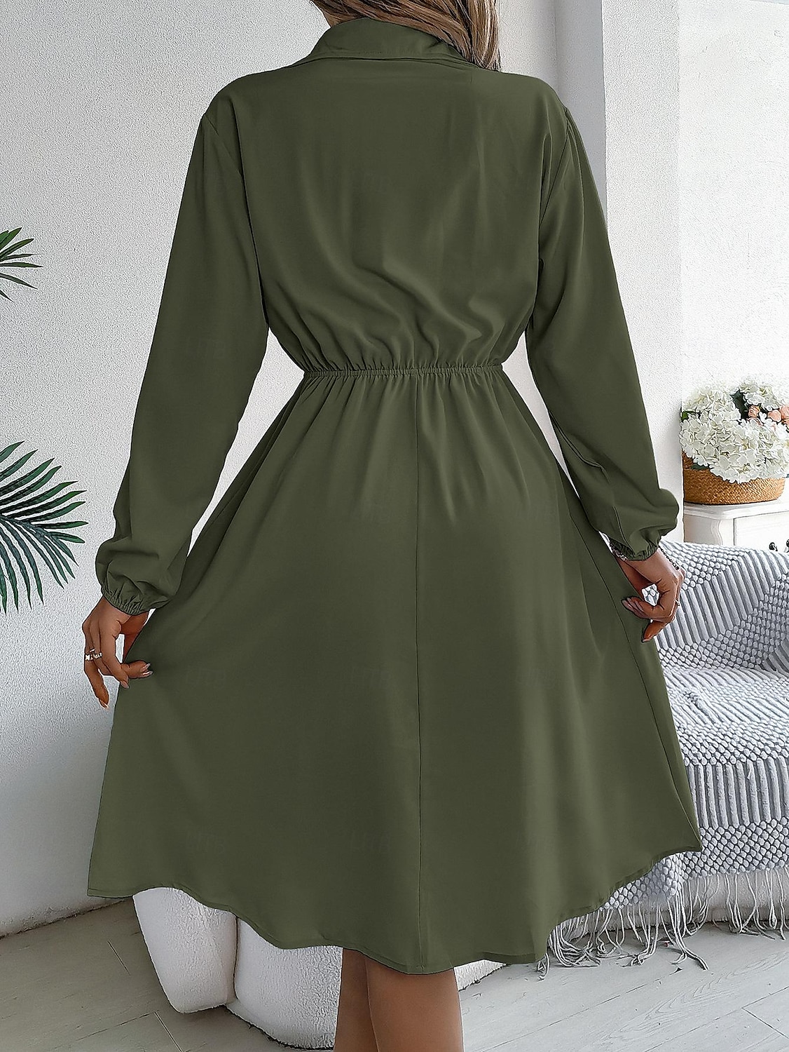 Damen Arbeitskleidung A Linie Kleid Modisch Täglich Arbeitsmode Bischof Midikleid Gefaltet Taste Hemdkragen Langarm Glatt Regular Fit Schwarz Wein Khaki Frühling Herbst S M L XL 2025 - $28.99 –P2