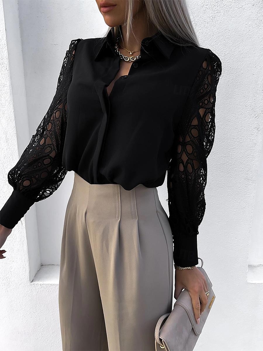 Per donna Camicia Top eleganti Tinta unica Liscio Moda Moderno Manica lunga Rimborsate Colletto Ufficio Pizzo Occhiello Nero Bianco Estate Primavera Autunno del 2025 a $26.99 –P3