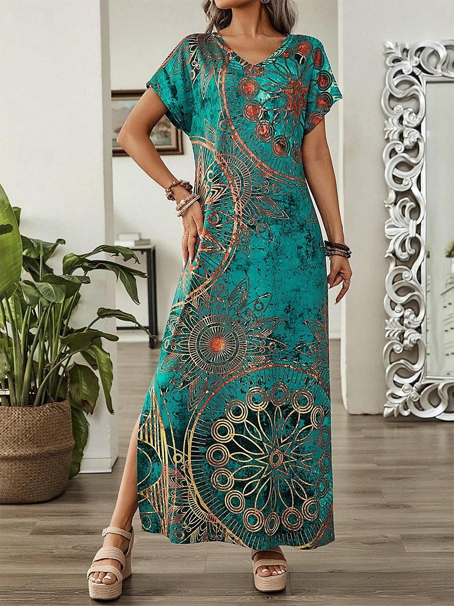 Kvinnors Maxiklänning Sundress Shift Klänning A-linje Klänning Avslappnad Drop Shoulder Daglig Lös Passform Grafisk Kort ärm V-hals Blå Grön Sommar 2025 - $28.99 –P3